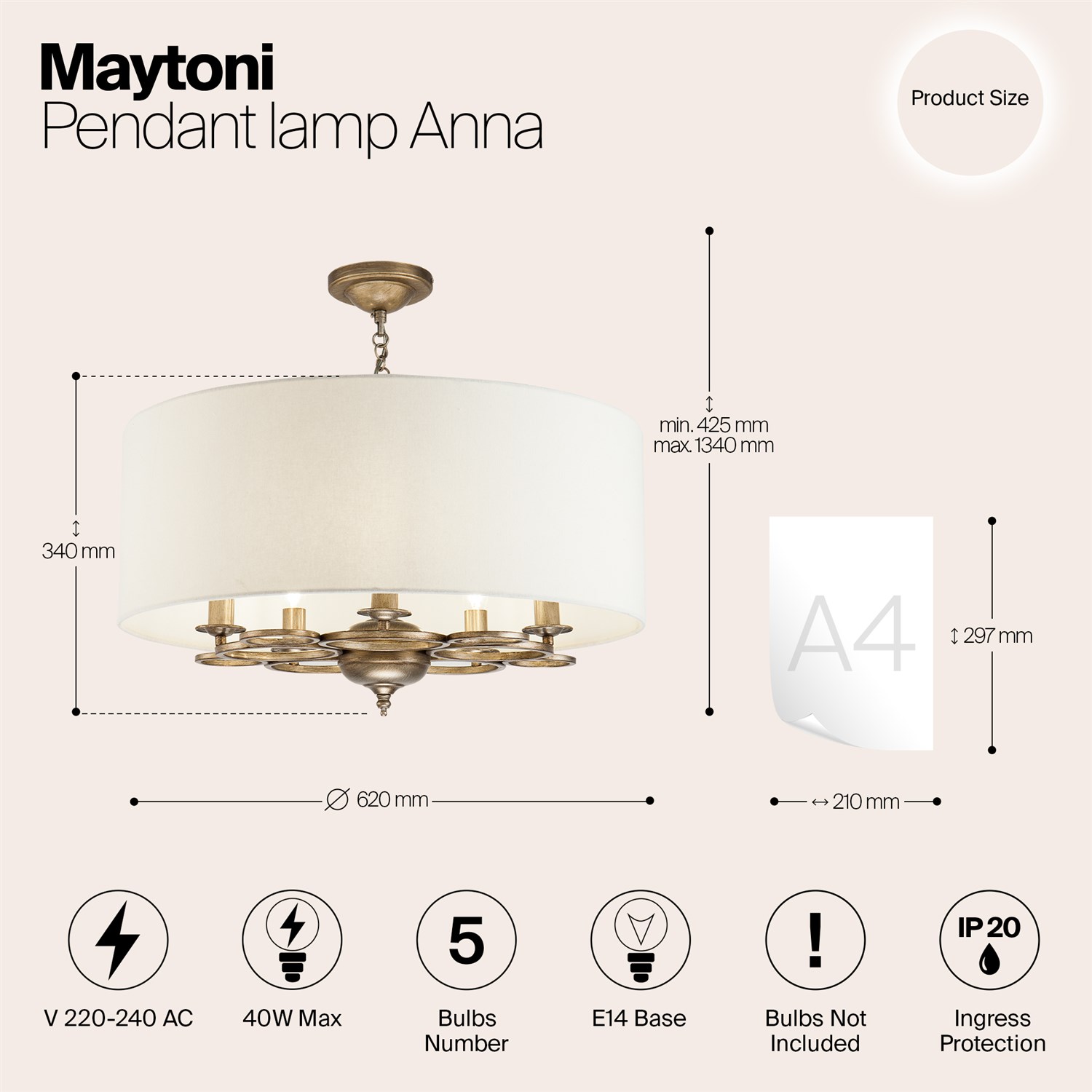 Maytoni Classic Anna Подвесной светильник цвет: золото H007PL-05G