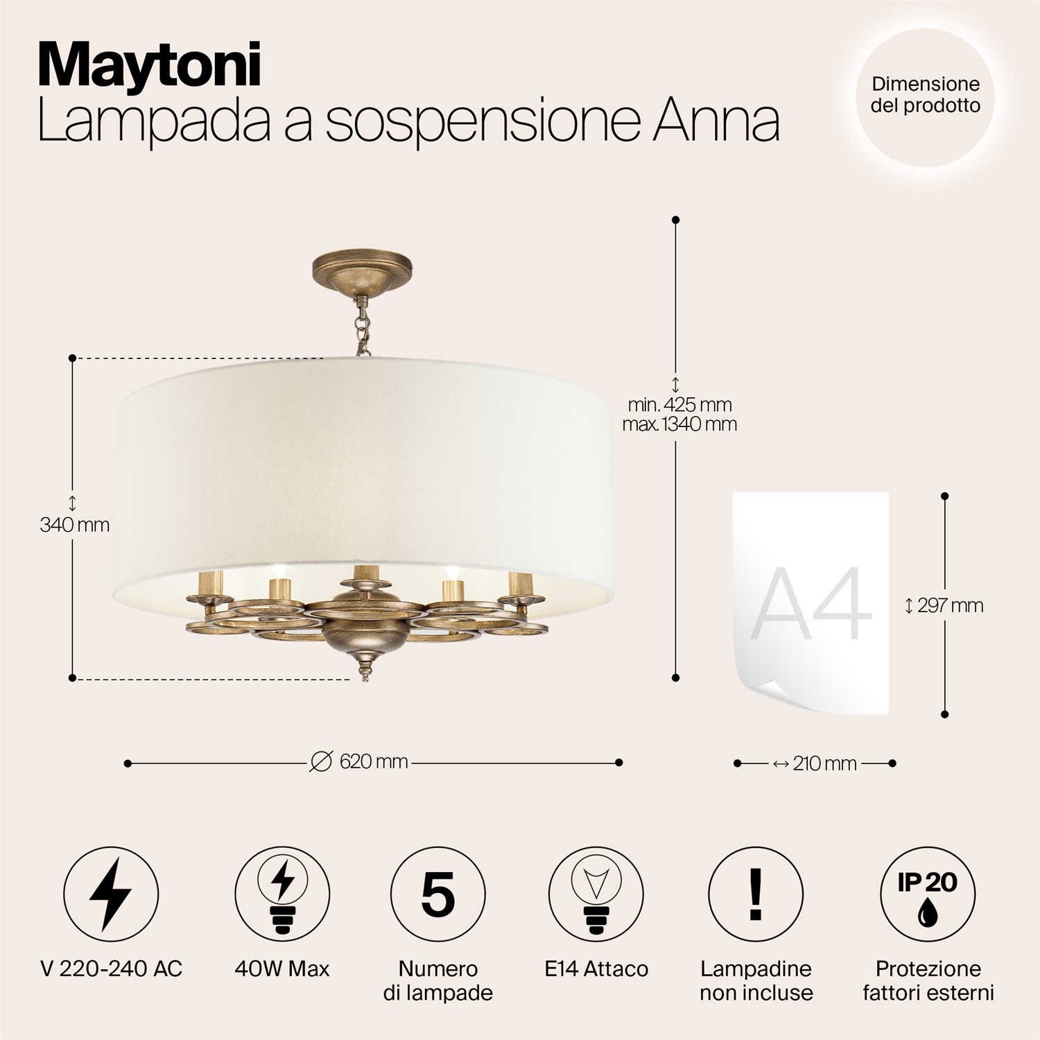 Maytoni Classic Anna Подвесной светильник цвет: золото H007PL-05G
