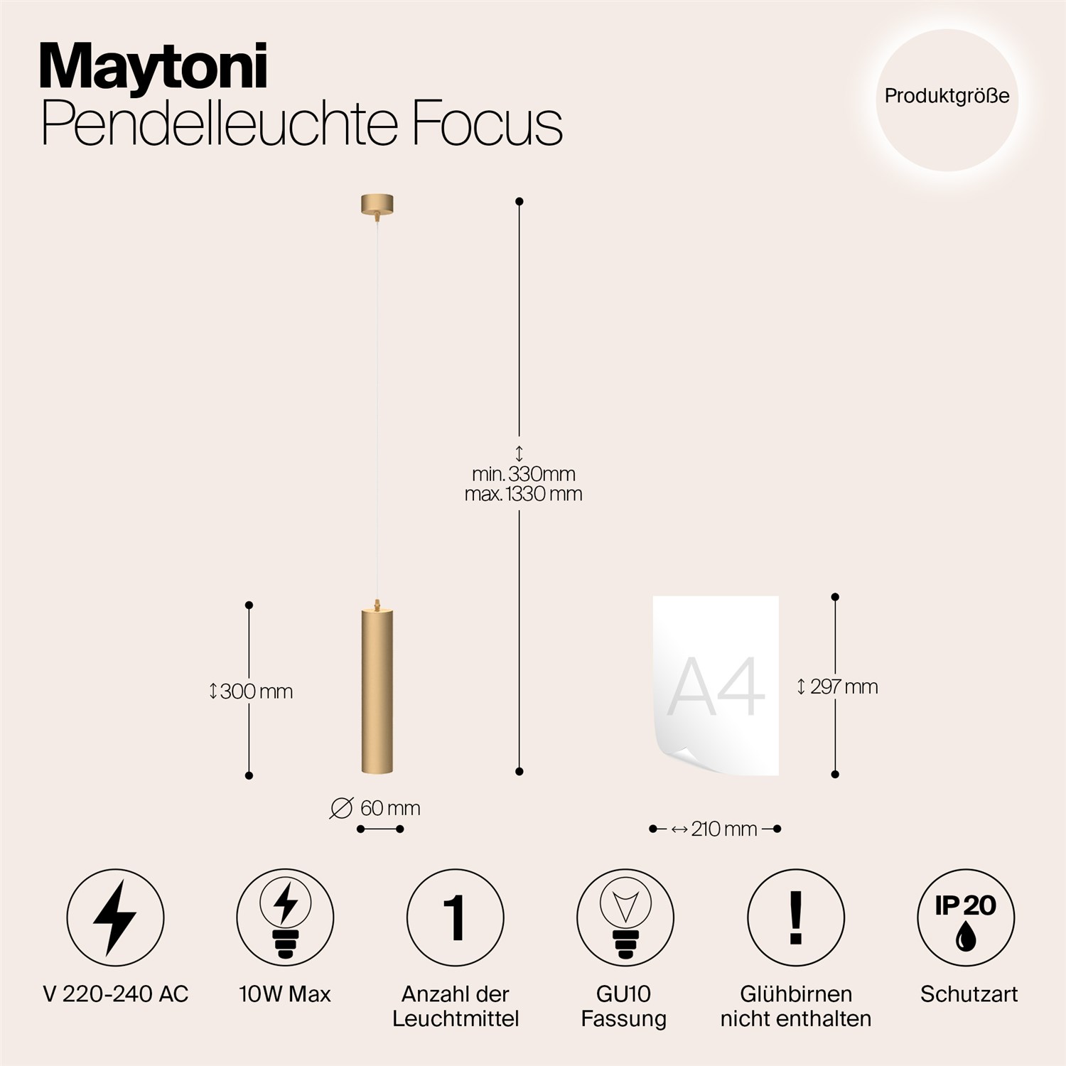 Maytoni Technical Focus Подвесной светильник цвет: матовое золото P075PL-01MG